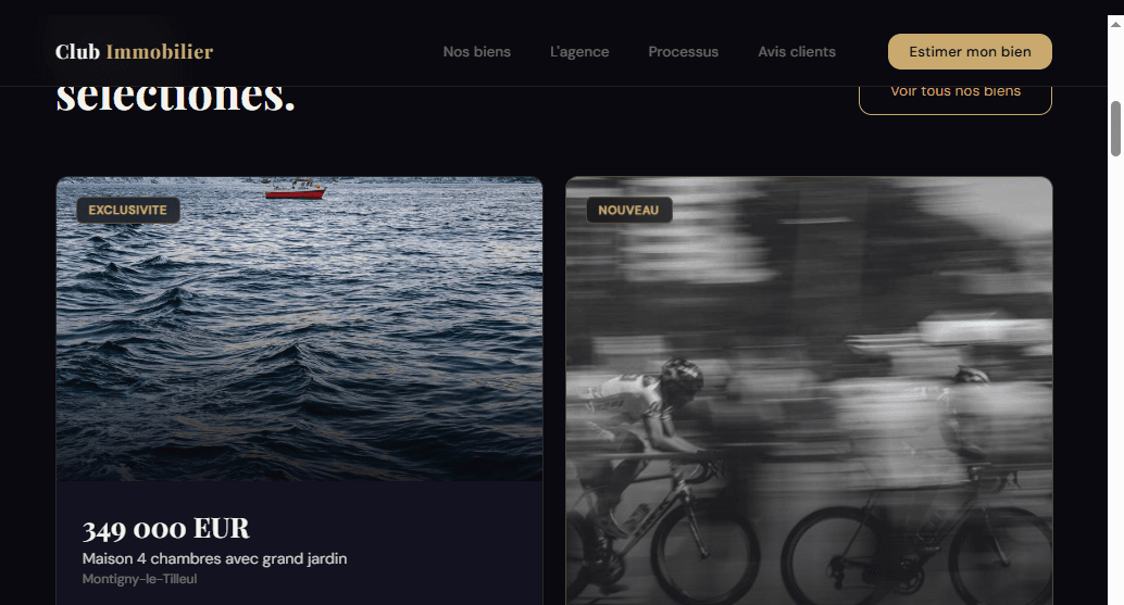 A redesigned agency listings section with 'EXCLUSIVITÉ' and 'NOUVEAU' badges