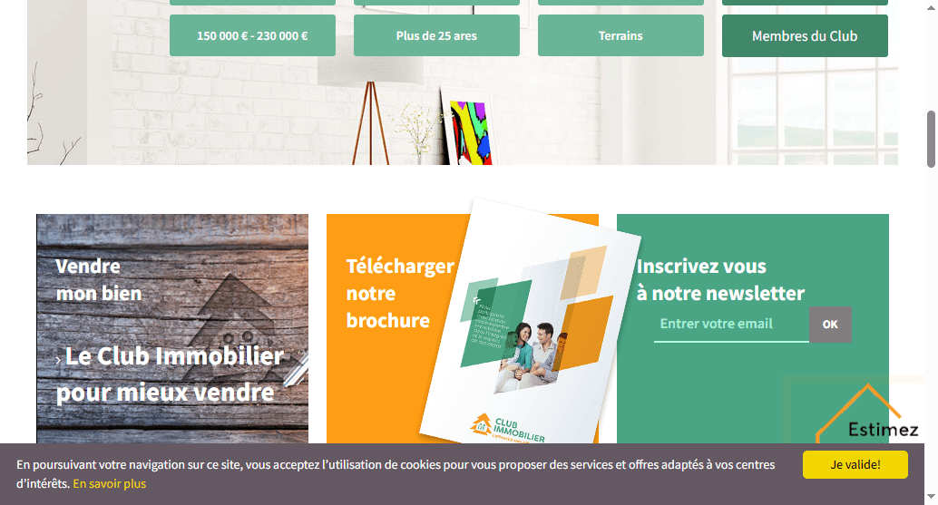 Club Immobilier's original site: three competing panels, the kind of aging, cluttered layout the neglect signals in this piece are designed to catch