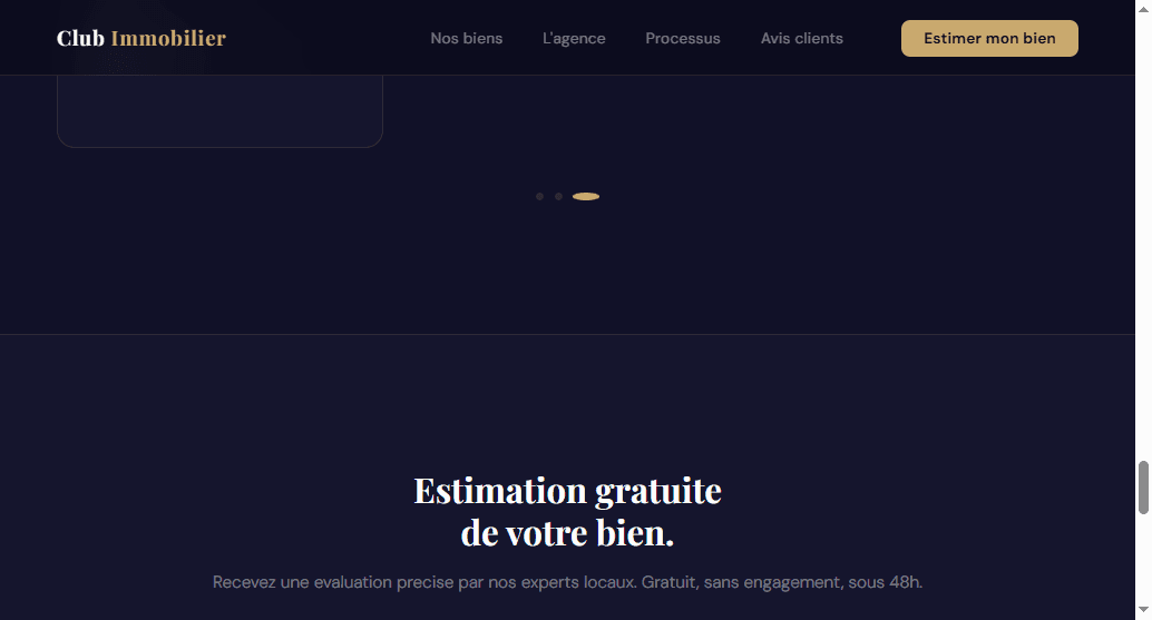 Redesigned testimonials section: a premium carousel on a charcoal background with gold navigation dots