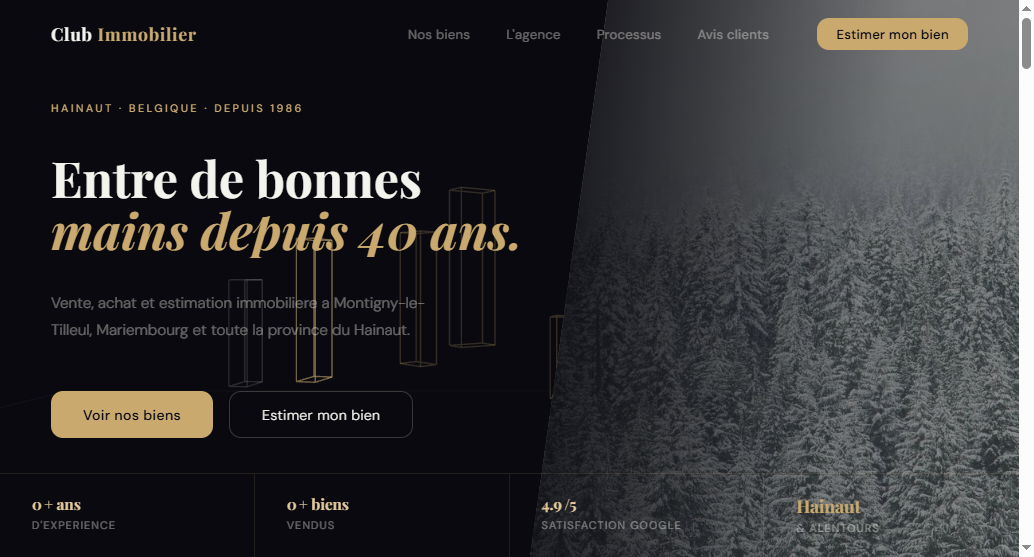The redesigned hero: charcoal background, 'In good hands for 40 years' headline, two buttons, and a stats bar underneath