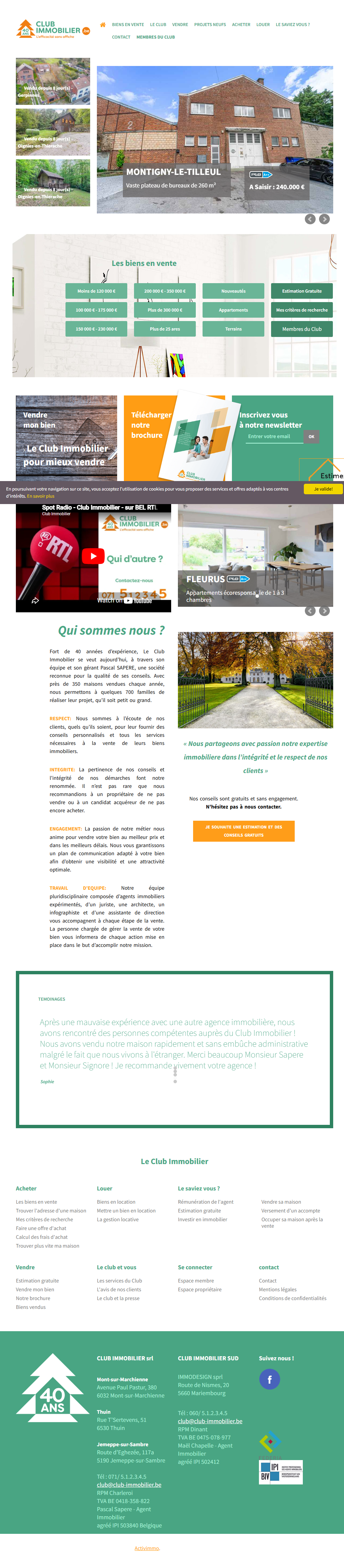 The original Club Immobilier home page, top to bottom: a listings slider, green price-filter blocks, a YouTube video, a plain-text testimonial, and a green footer