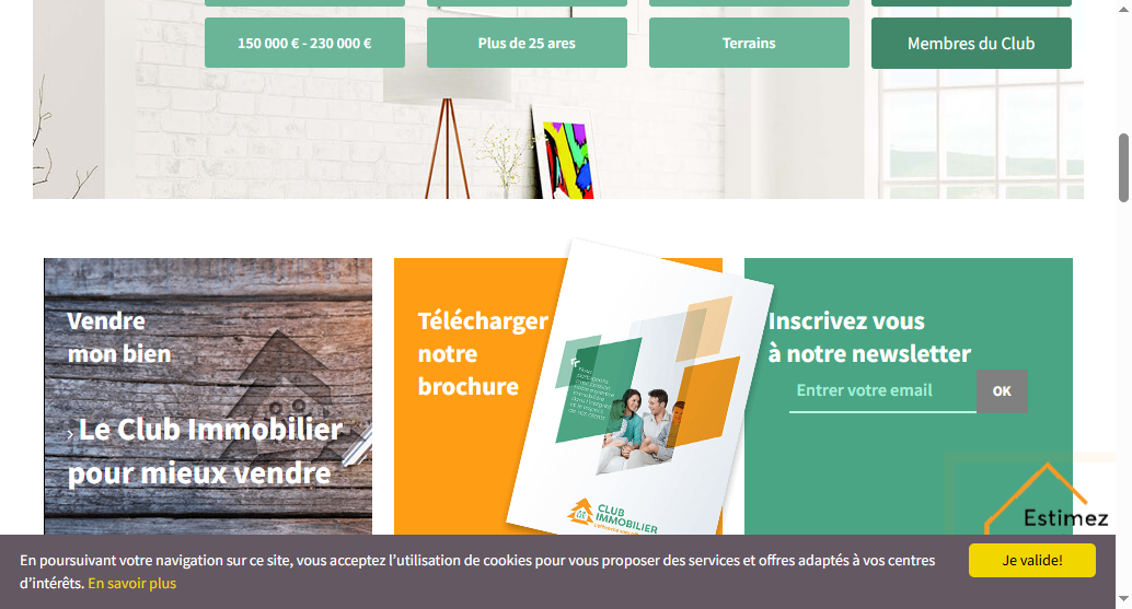 Current site's mid-page section: three competing panels (sell my property, download our brochure, subscribe to our newsletter) and an Estimate widget visibly cropped off in the bottom-right corner of the screen
