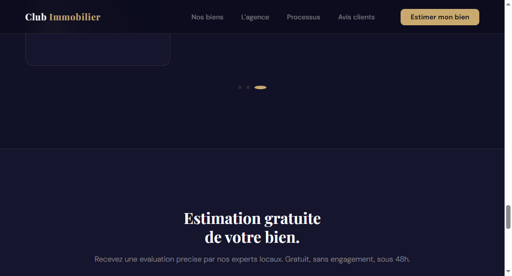 Redesigned testimonials section: a premium carousel on a charcoal background with gold navigation dots, ready to hold a client photo, name, and star rating
