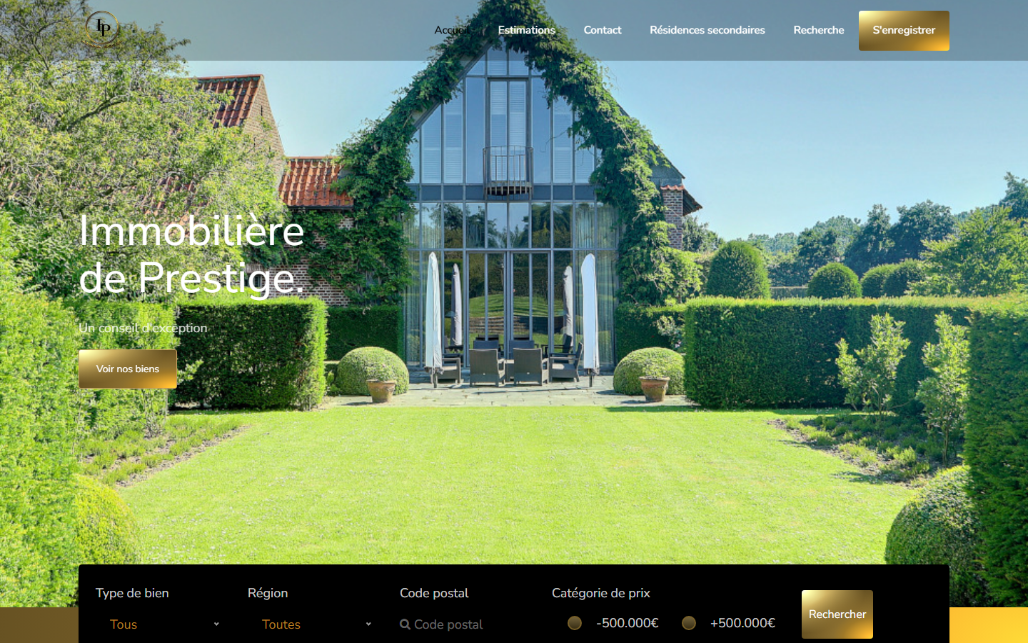 Real screenshot of the current Immobiliere de Prestige site's top: navigation reads Accueil, Estimations, Contact, Residences secondaires, Recherche, with a single high-contrast gold button in the top right that says S'enregistrer (Sign up)