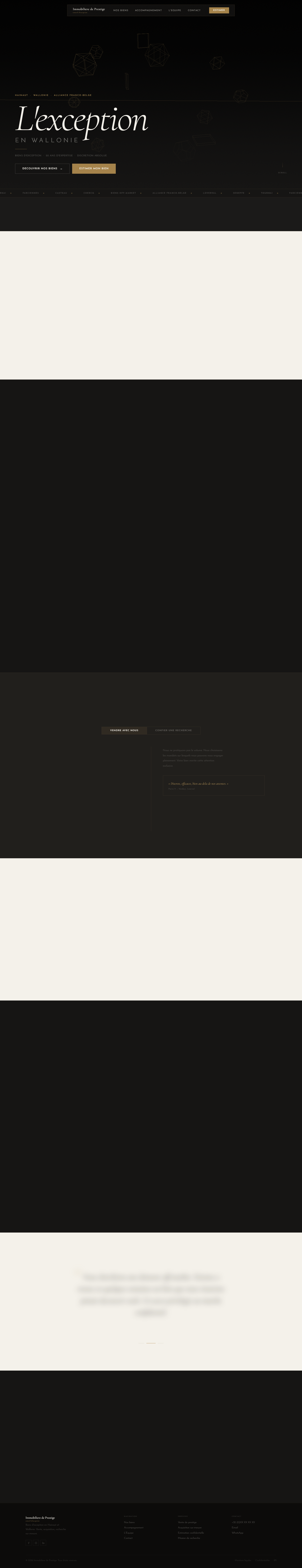 A redesign direction for the same agency: charcoal background, an elegant serif hero, restrained gold accent CTAs, and one clear primary action