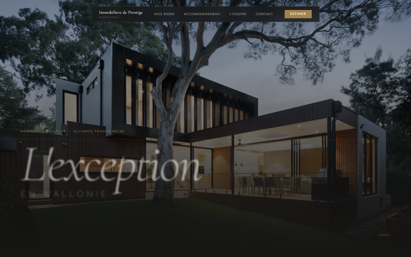 An alternate redesign direction: full-bleed cinematic photography, a serif 'L'exception en Wallonie' wordmark, and a stripped-back dark navigation