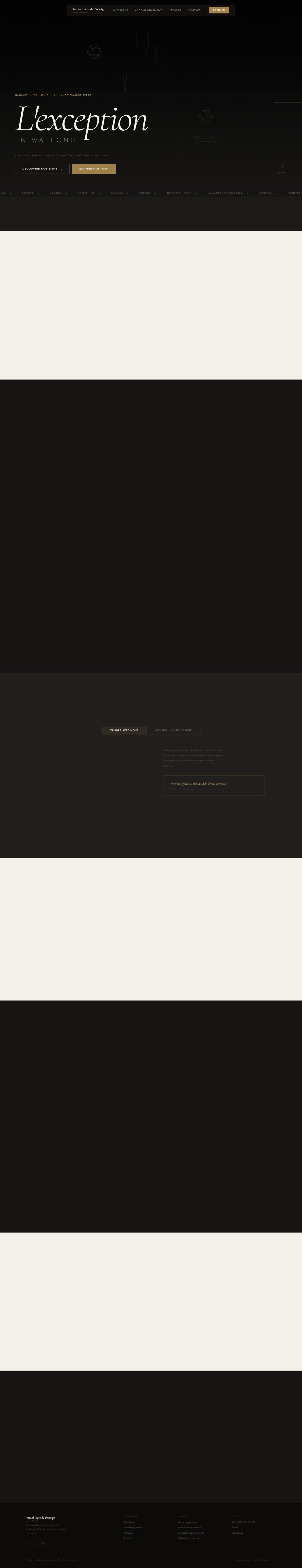 Redesign concept: dark charcoal background, serif 'L'exception en Wallonie' wordmark, and a high-contrast 'ESTIMER MON BIEN' (Estimate my property) button placed where the old Sign up button used to sit